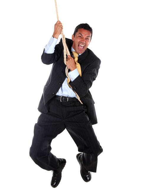 Businessman jumping with a rope isolated over a white background